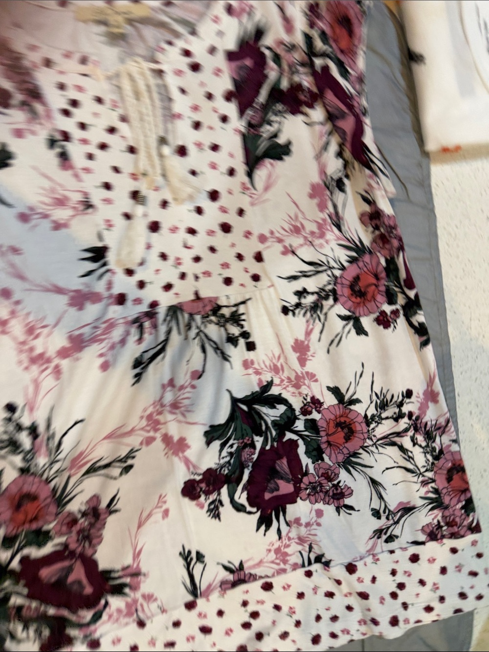 Women's White Floral Lace-Up Tunic with Pink Accents